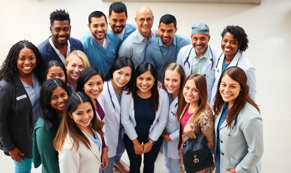 Diverse group of professionals standing together representing community support