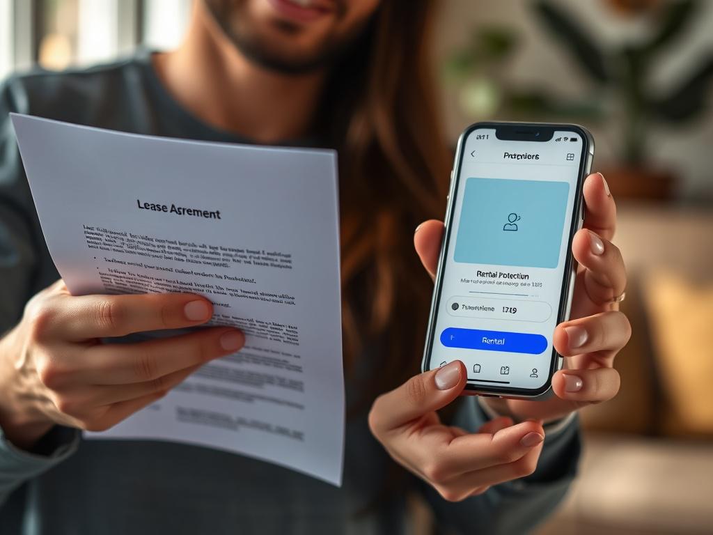 A high-resolution close-up shot of a confident renter holding a lease agreement in one hand and a smartphone displaying a rental protection app in the other. The background is softly blurred to emphasize the subject, with warm natural lighting creating an inviting atmosphere. The color scheme should incorporate shades of blue, particularly the rgb(2, 86, 197), to convey trust and security.