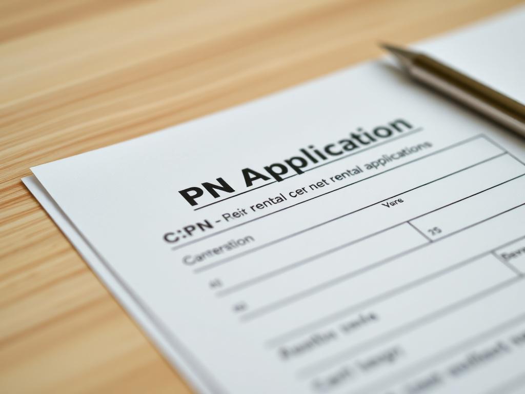 A hyper-realistic close-up shot of a professional-looking rental application form, prominently featuring a CPN section. The background is softly blurred to emphasize the form. The image should use a color palette that includes the primary color rgb(2, 86, 197), enhancing the focus on the application process.