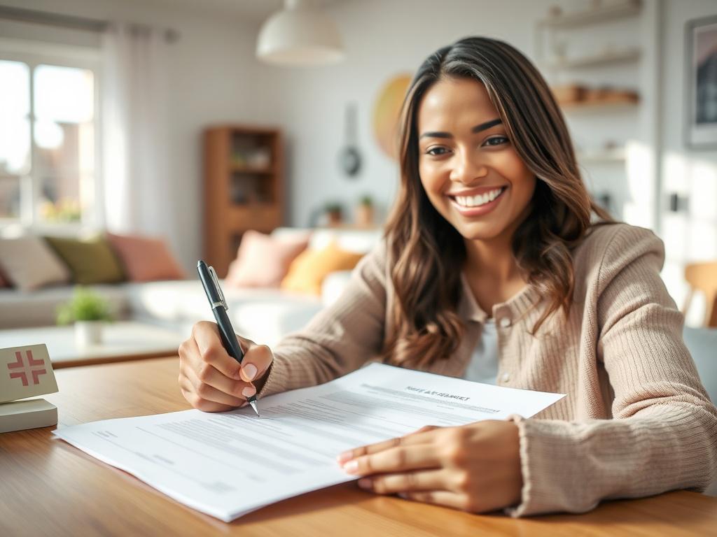 A close-up shot of a person happily signing a rental agreement, with a pen in hand. The scene is bright and inviting, showcasing a cozy rental space in the background. The focus is on the person's smile and the details of the agreement, with natural light illuminating the scene. The colors should resonate with the primary color rgb(2, 86, 197), creating a harmonious and professional atmosphere.
