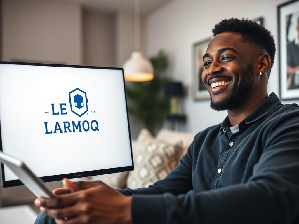 A close-up shot of a digital screen displaying the Lease Armor logo alongside a happy tenant making an online payment. The tenant is a Black man in his twenties, looking relieved and content. The background features a cozy living area with modern decor, emphasizing a sense of comfort and security. The lighting is bright, creating an uplifting atmosphere.