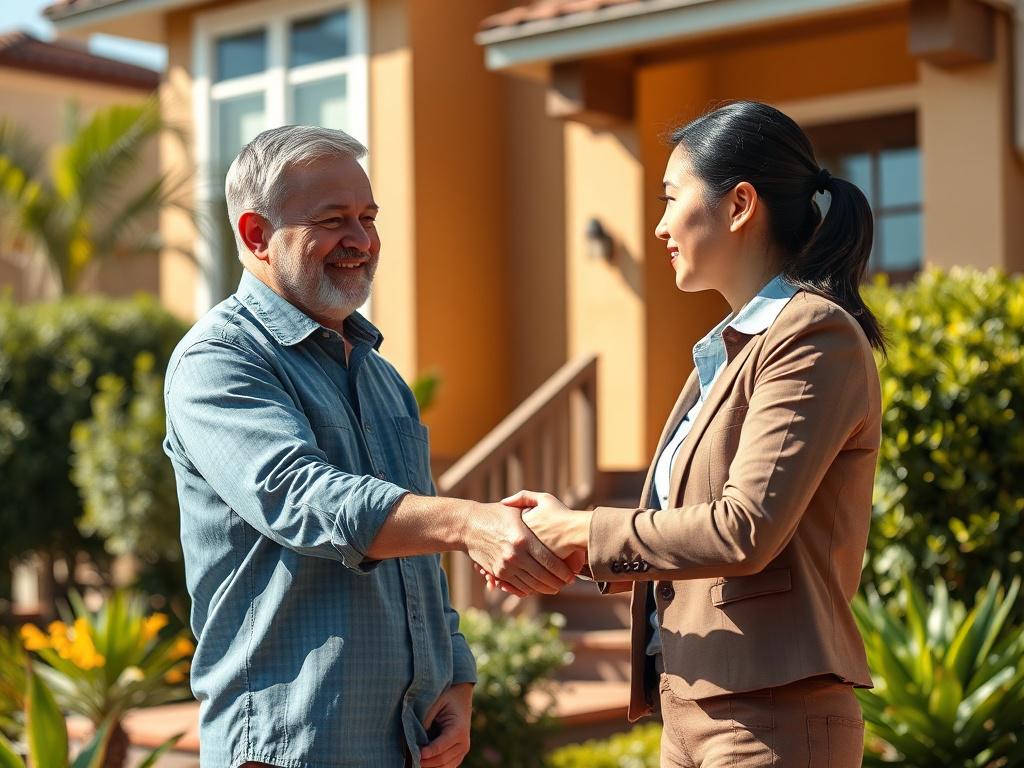 A close-up shot of a friendly landlord shaking hands with a hopeful tenant in Newport Beach, showcasing a warm, sunny atmosphere. The landlord is a middle-aged Caucasian man, wearing a casual shirt, and the tenant is a young woman of Asian descent, dressed in smart casual attire. The background features a well-maintained rental property with lush greenery, painted in vibrant colors that enhance the inviting feel of the scene.