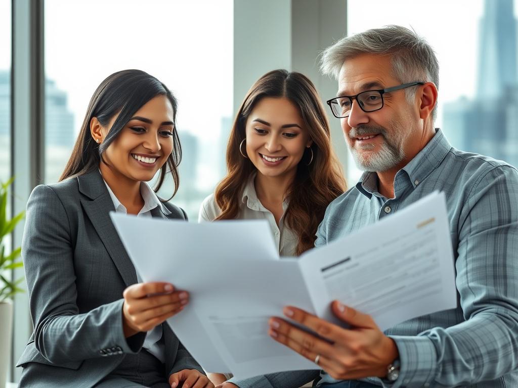 A close-up of a smiling financial advisor reviewing credit reports with a client in a modern office setting. The advisor is a Hispanic woman in her thirties, wearing professional attire, while the client is a middle-aged Caucasian man, looking hopeful and engaged. The background features a large window with a city view, symbolizing opportunity and growth.