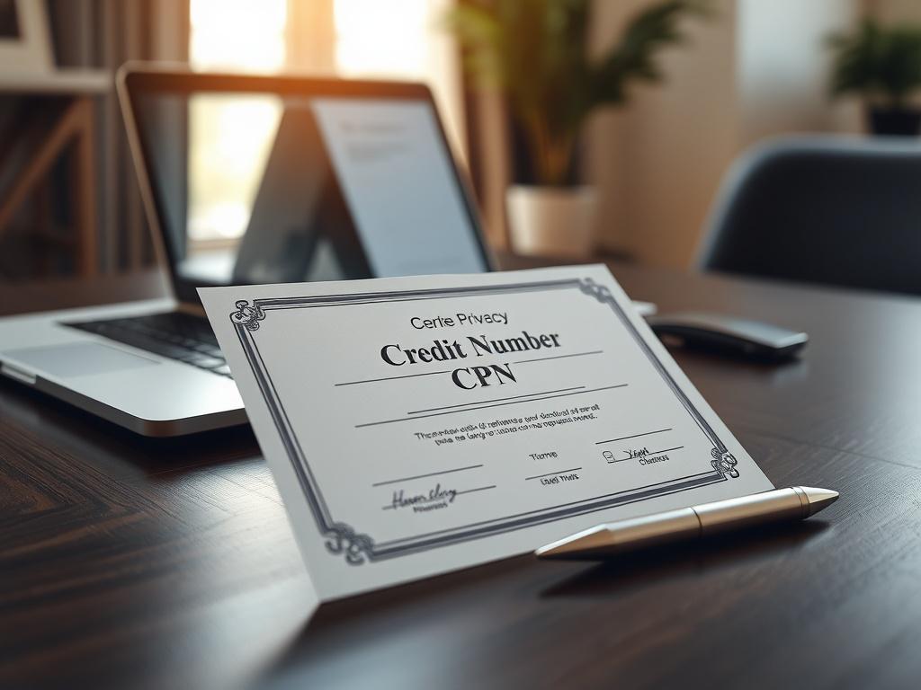 An elegant close-up of a Credit Privacy Number (CPN) certificate resting on a stylish desk with a laptop open in the background. The desk is made of dark wood, and the certificate is prominently displayed, with a sleek pen beside it. Soft natural light streams in through a nearby window, casting a warm glow on the scene, creating a professional yet inviting atmosphere.
