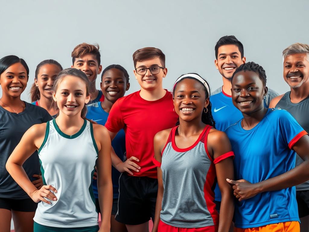 A diverse group of young athletes from different sports, smiling
