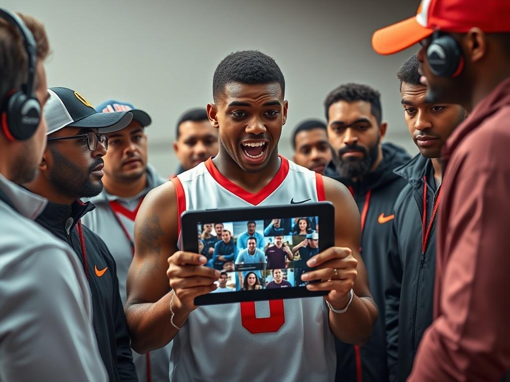 An athlete surrounded by coaches and recruiters, all focused on