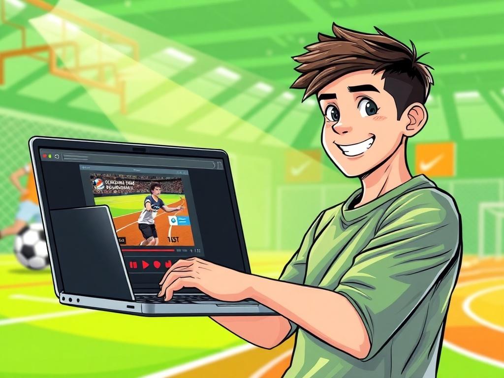A high-quality illustration of a young athlete confidently uploading a video highlight on a laptop. The athlete is focused and smiling, showcasing determination and excitement. The background is a bright and inviting sports environment, with elements like a basketball, soccer ball, or track visible to emphasize athleticism. The color scheme includes vibrant greens and dynamic shadows to create an energetic atmosphere.