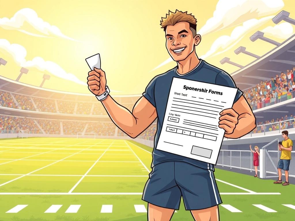 A high-quality illustration of an athlete holding a sponsorship form while standing proudly on a sports field. The athlete is in a dynamic pose, showcasing determination and ambition. The background features a bright sunny sky and cheering fans in the stands, creating a vibrant and motivational atmosphere.