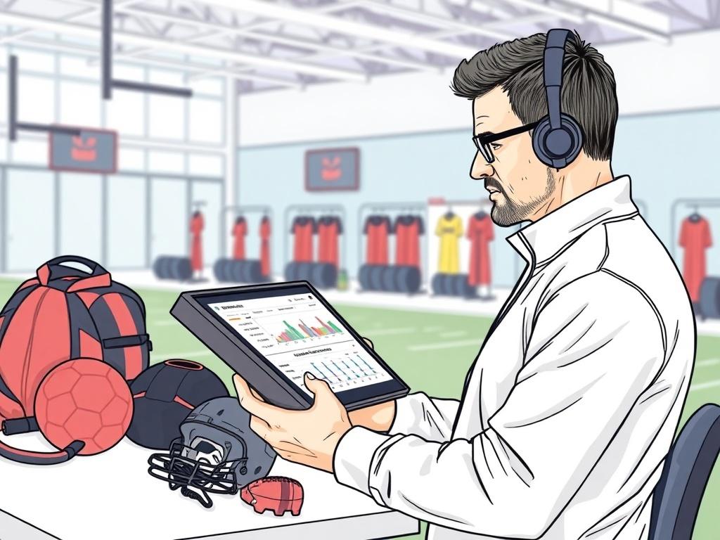 A high-quality illustration of a coach reviewing athlete performance data on a tablet, surrounded by various sports gear, with a bright and focused background showcasing a training facility.