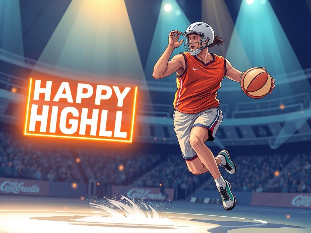 A high-quality illustration of an athlete showcasing their skills in a sports setting, with a glowing highlight reel displayed beside them. The background should be dynamic, capturing the energy and excitement of sports.