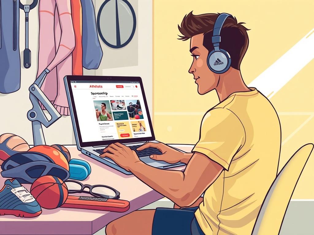 A high-quality illustration of an athlete using a laptop on a desk, surrounded by sports equipment, showcasing a sponsorship page on the screen. The background should be bright and inviting, representing a positive and motivating environment.