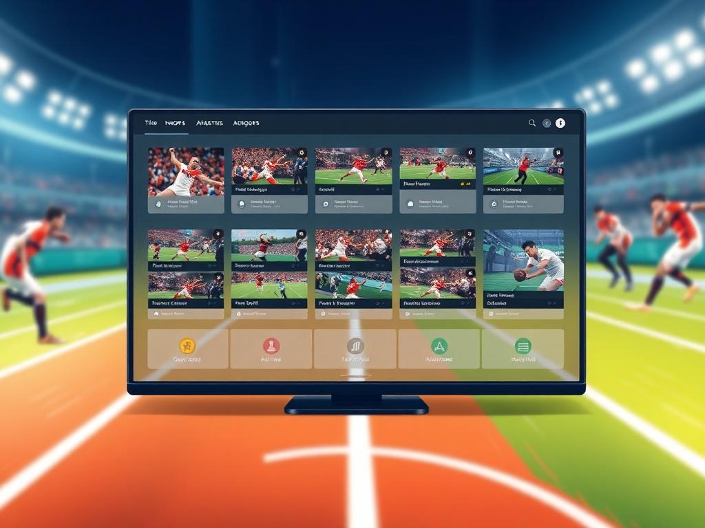 A digital dashboard displaying organized video clips of athletic highlights, with icons for categorization. The background should be dynamic, reflecting an energetic sports environment.