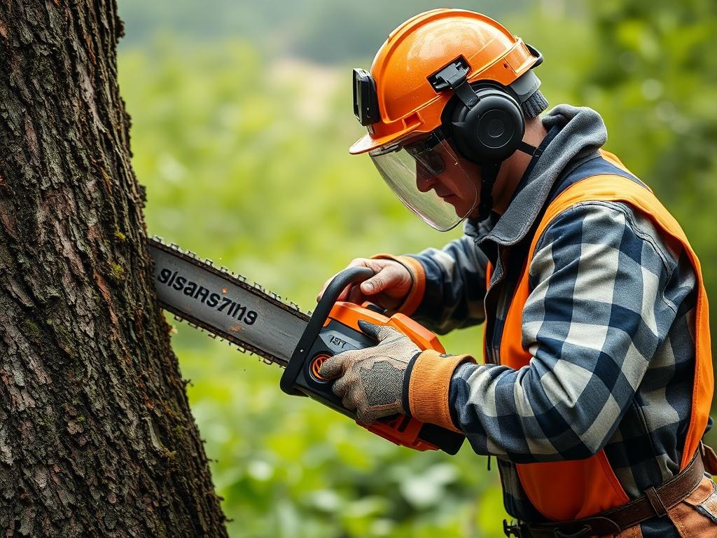 A close-up shot of a professional tree care specialist using a chainsaw to remove a large tree. The focus is on the specialist, showcasing their safety gear, with the tree being cut in the background. The composition is clear and simple, highlighting the action of tree removal. The background should feature a lush green landscape, compatible with the rgb(50, 170, 39) primary color, emphasizing the tree care aspect.