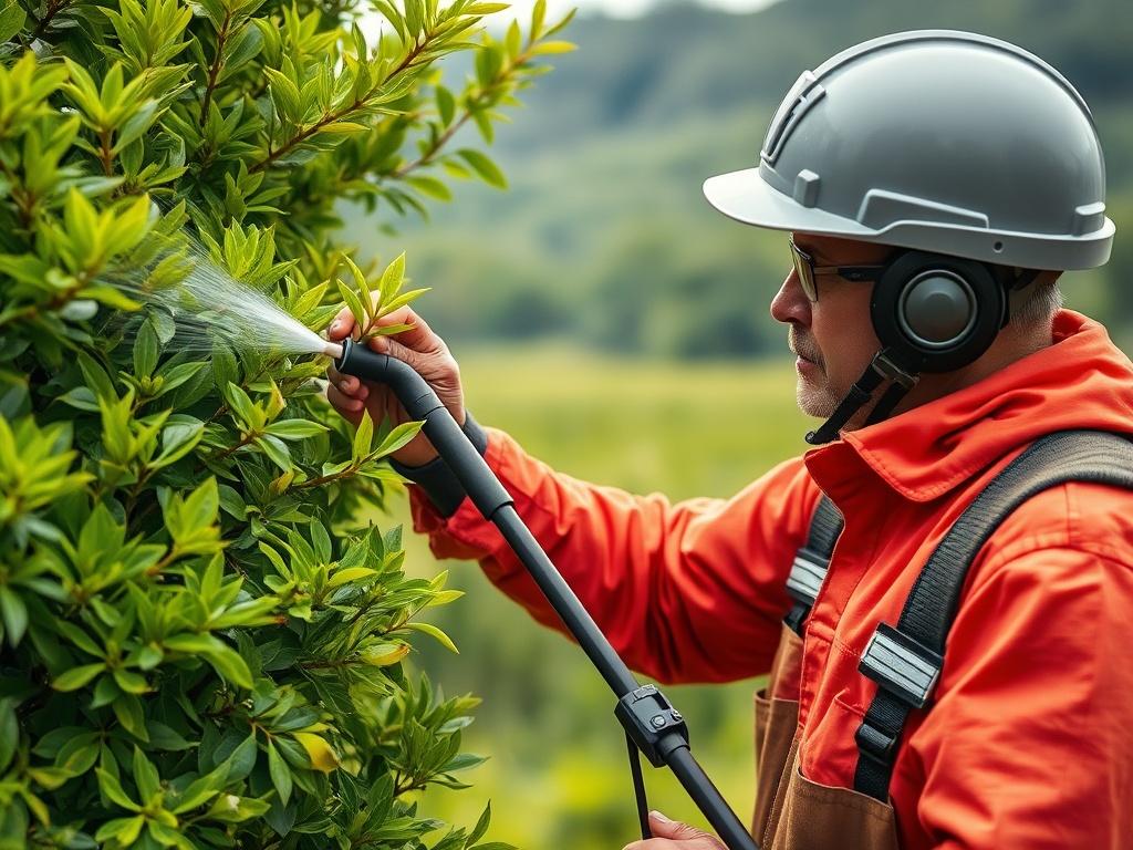 A close-up shot of a professional tree care specialist spraying a healthy green tree with a high-quality, eco-friendly solution. The background should be a blurred landscape of lush greenery, emphasizing the focus on the tree and the spraying process. The image should have a realistic high-resolution quality, captured with a 45mm f/1.2 lens, showcasing the vibrant colors of the tree and the sprayer's focused expression.