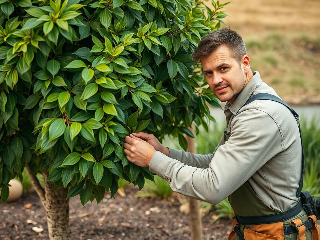 A skilled arborist carefully pruning a lush green tree in