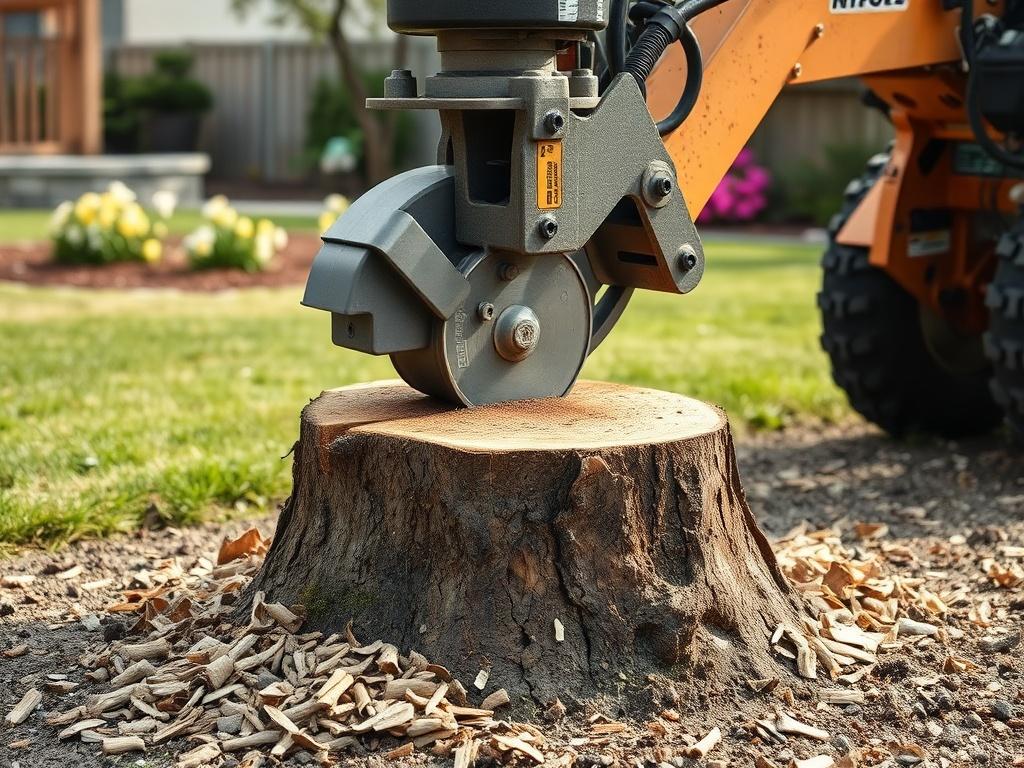 A professional stump grinder in action, with a powerful machine