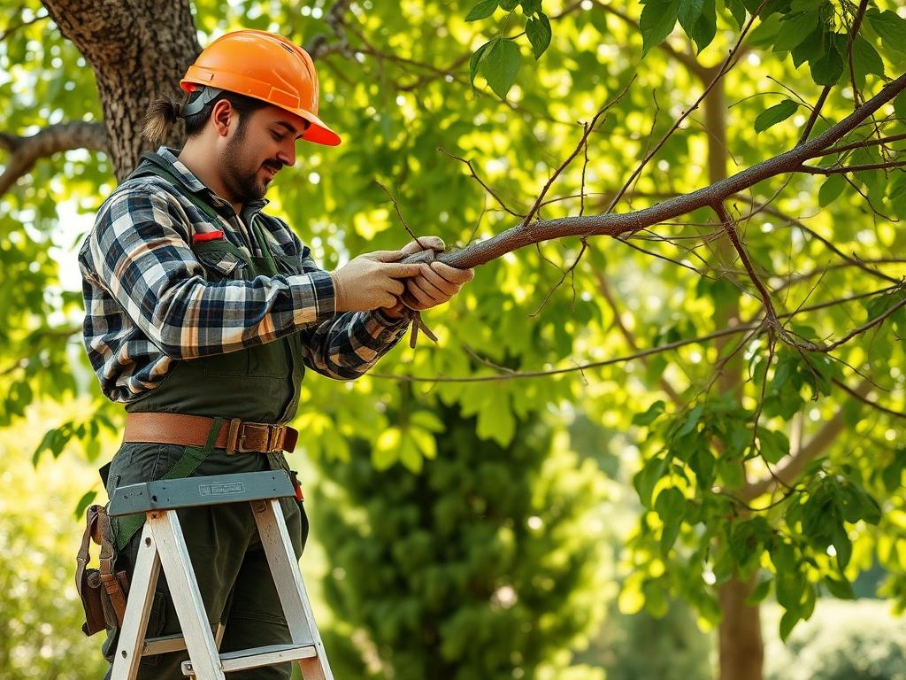 A close up view of a professional arborist carefully pruning