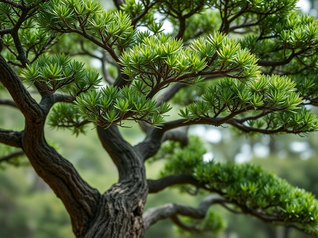 A close-up shot of a beautifully shaped tree, showcasing its well-defined branches and lush green foliage. The focus should be on the intricate details of the tree's form, highlighting the skillful shaping techniques used. The background should be a soft, blurred natural setting, emphasizing the tree as the main subject. The image should be captured with a 45mm f/1.2 lens to achieve a hyper-realistic look, with vibrant colors that complement the primary color rgb(2, 86, 197).