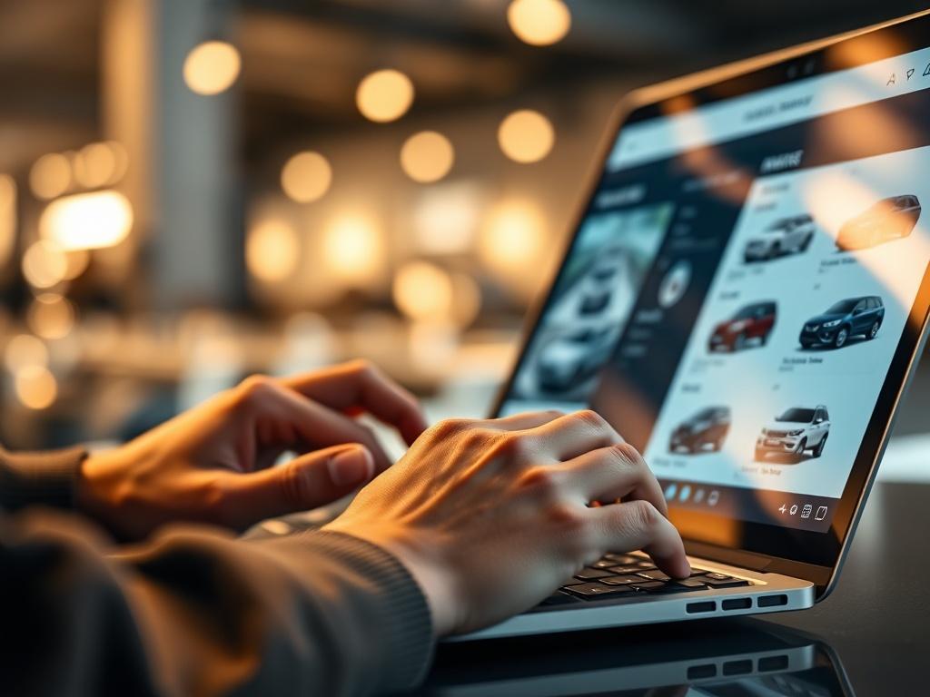 A close-up shot of a person's hands using a laptop, focused on the screen displaying a selection of vehicle options. The background should be softly blurred, emphasizing the laptop and the vehicle options. The laptop should be modern and sleek, with a clear and vibrant display. The lighting should be bright and inviting, creating a warm atmosphere that reflects the excitement of choosing a vehicle. The image should be rendered in hyper-realistic detail, with a focus on the hands and the laptop screen.