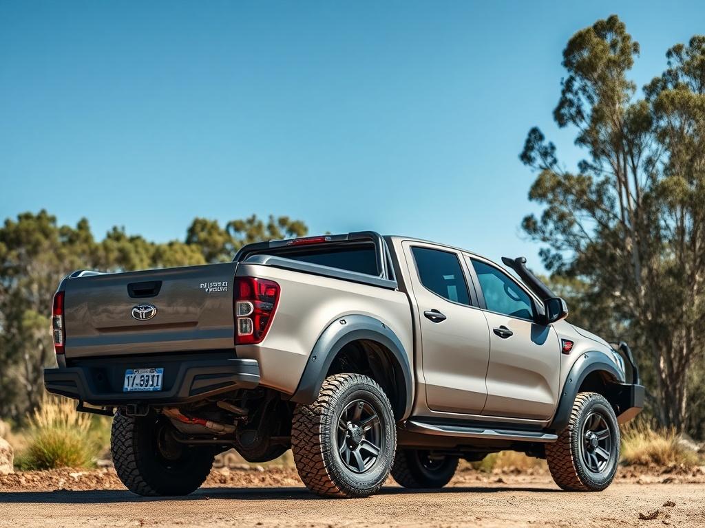 A high-resolution image of a rugged Ute parked in an outdoor setting, showcasing its robust design and spacious cargo area. The background should be natural, featuring trees and a clear blue sky to highlight the versatility of the vehicle. The Ute should be the only subject in the image, captured in a close-up shot with a focus on details, using a 45mm f/1.2 lens style to emphasize its features and textures.