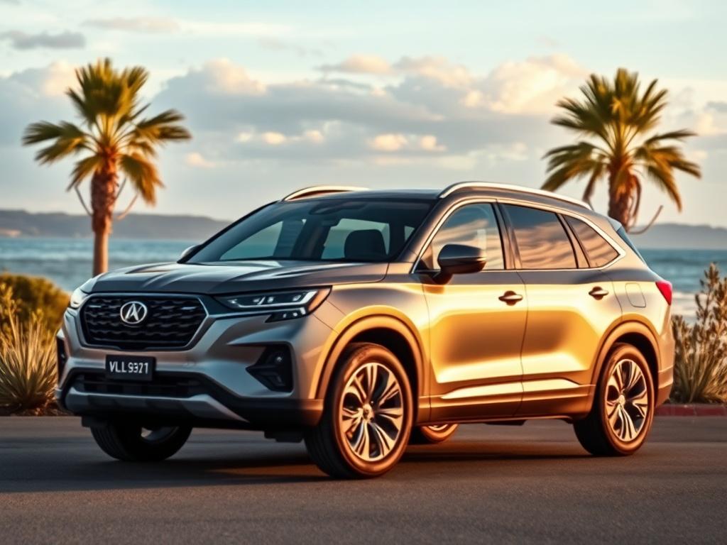 A spacious 7 seat SUV parked near a scenic location,