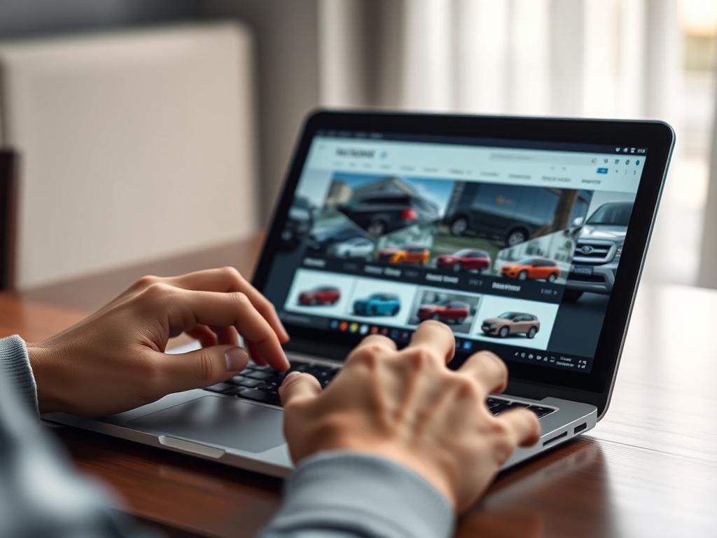 A close-up shot of a person's hands using a laptop with a sleek interface displaying vehicle options. The background is softly blurred to keep focus on the hands and the laptop screen. The laptop should have a modern design, and the vehicle options should be clearly visible with vibrant colors. The image should capture a sense of excitement and ease in selecting a vehicle.