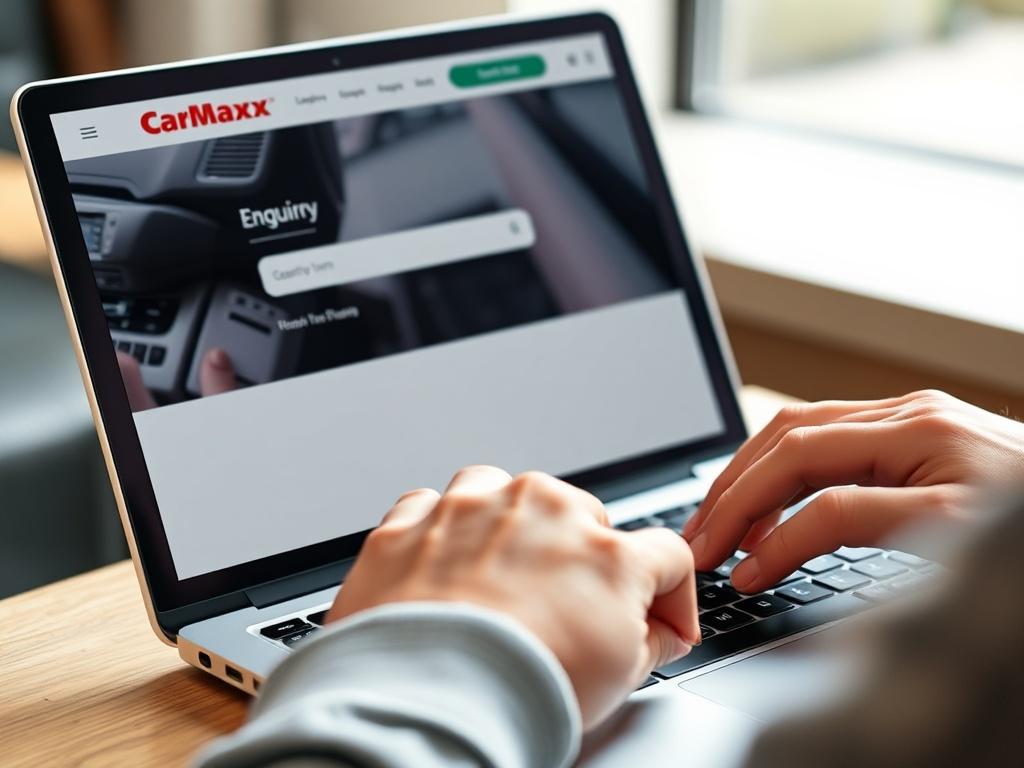 A close-up shot of a person's hands typing on a laptop. The laptop screen displays the CarMaxx enquiry form, showcasing a clean and user-friendly interface. The background is softly blurred to emphasize the hands and laptop. The overall color tone is bright and inviting, with a slight focus on the rgb(226, 1, 1) primary color, subtly integrated into the laptop screen design.