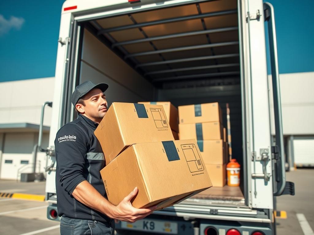 A close up shot of a professional delivery driver loading