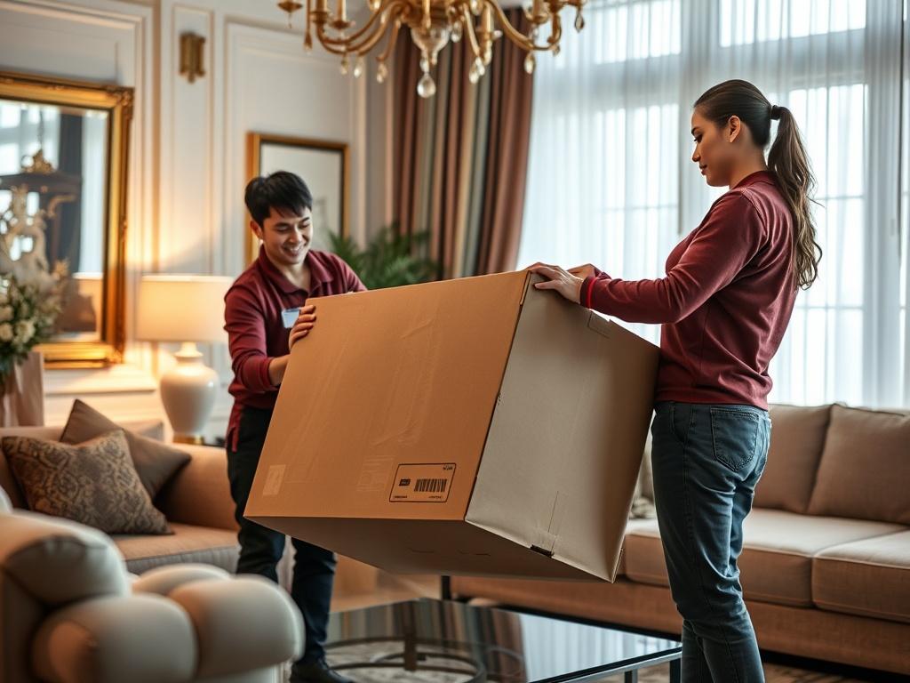 A close up of a professional delivery team carefully unpacking