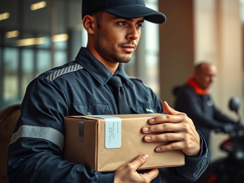 A close up shot of a courier in uniform securely