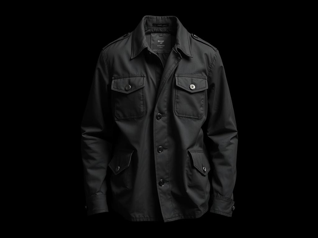 A realistic high-resolution photo of a stylish field jacket featuring buttons, designed to capture an urban and contemporary look. The jacket should be the main subject, displayed against a simple and subtle black background to emphasize its details. The jacket should have a sleek silhouette, showcasing its buttons and unique design elements without any distractions in the composition.