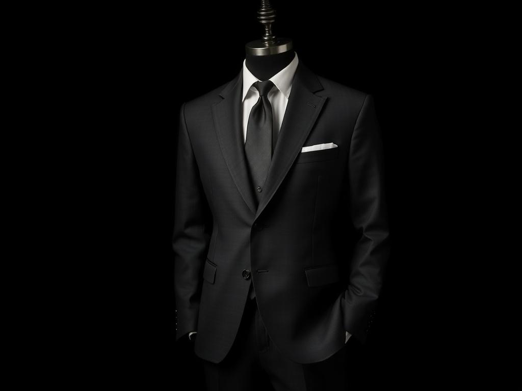 A stylish black suit displayed prominently against a black background, highlighting its sleek design and quality fabric. The suit should have clean lines and a tailored fit, exuding elegance and sophistication. The background should be simple and unobtrusive, ensuring the focus remains on the suit. Soft lighting should enhance the textures of the fabric and create a subtle contrast.
