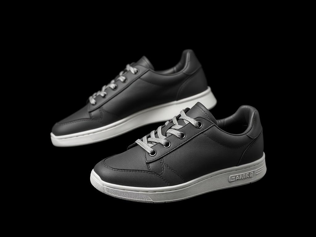 A realistic high-resolution photo of a pair of sleek casual sneakers on a black background. The sneakers should feature a minimalist design, showcasing a blend of smooth and textured materials. The image should focus only on the sneakers, emphasizing their contemporary style and comfort. The composition should be simple and clear, with soft lighting to accentuate the details and colors of the sneakers, while maintaining an elegant black and white aesthetic.