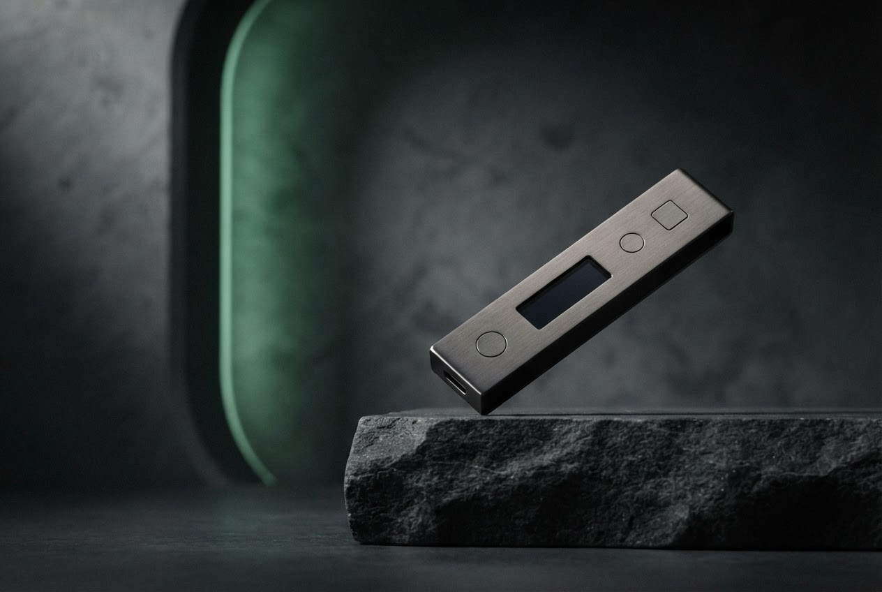 A brushed metal hardware wallet resting against a dark, softly lit backdrop