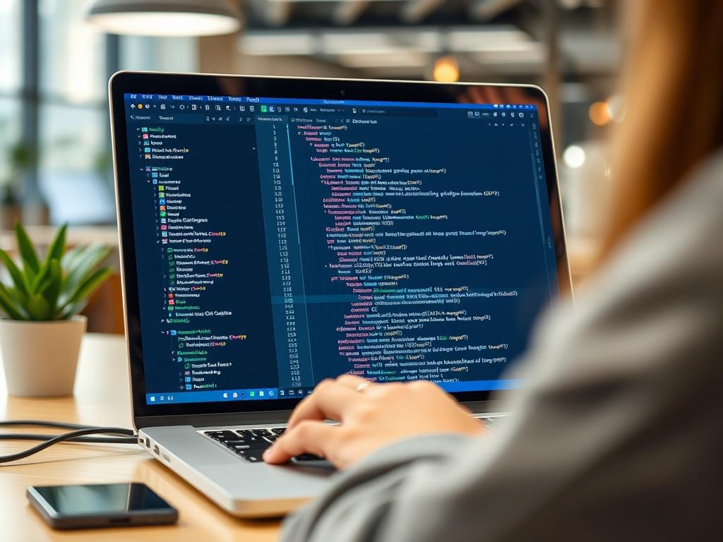 A developer working on a laptop, with a focus on