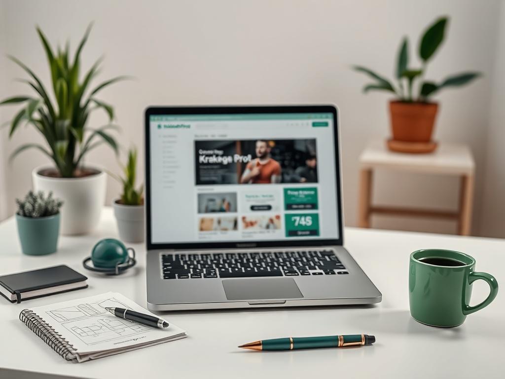 **AI Image Generation Prompt:**

Create a hyper-realistic, high-resolution photo focused on the essential tools and environment for creating a website using Kraken Pro. The main subject should be a sleek, modern laptop opened on a clean, minimalist desk. The screen displays the Kraken Pro interface prominently, highlighting the user-friendly design for website creation. Surround the laptop with essential web design tools: a notepad with sketches and notes, a stylish pen, and a cup of coffee to depict a crea