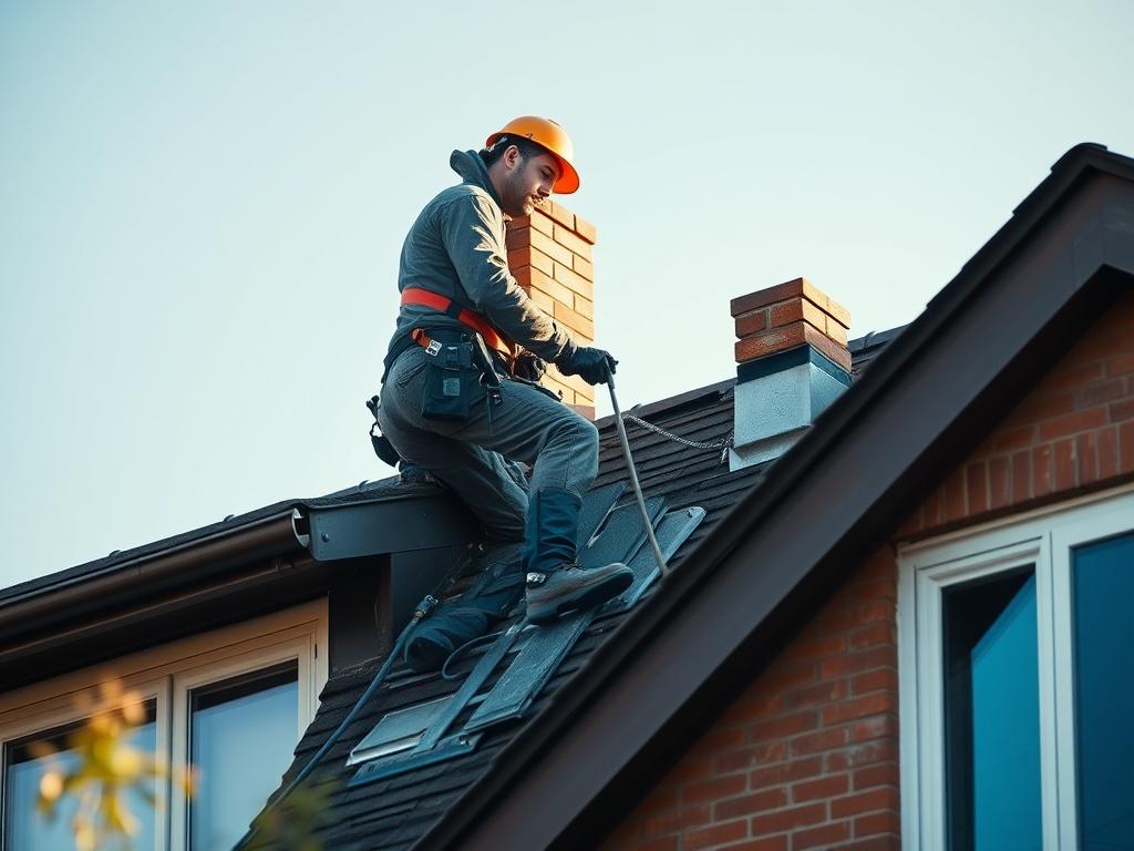 A professional technician on a house roof, cleaning a brick chimney with proper tools and safety gear. The worker is focused on the job, wearing a clean uniform and safety harness. The roof and chimney are clearly visible under bright daylight, with a clear blue sky in the background. The composition should be high-resolution and realistic, showcasing a professional and trustworthy look. Ensure there is plenty of open space for overlay text, making it ideal for a website hero image.