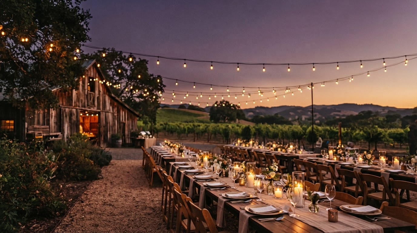 String lights glowing over long dinner tables in a backyard at dusk, with a rustic barn behind