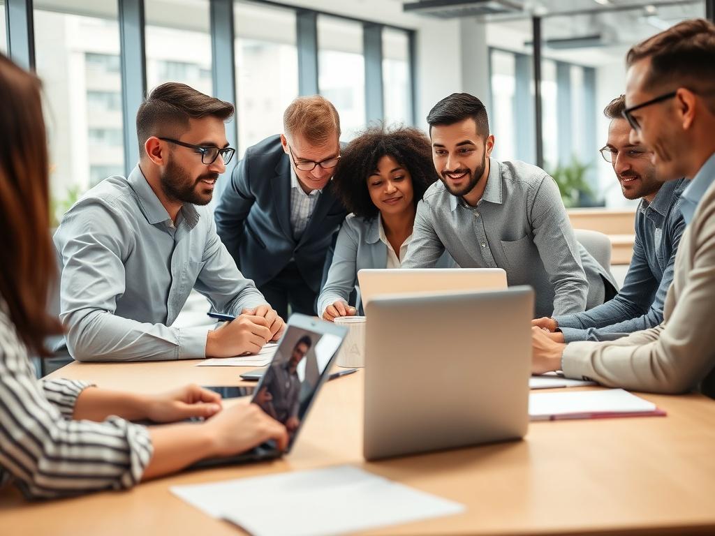 A hyper-realistic close-up shot of a diverse group of IT professionals collaborating around a conference table. The scene shows one person presenting on a laptop while others are engaged in discussion, taking notes, and sharing ideas. The background features a modern office space with large windows allowing natural light to pour in, creating a bright and inviting atmosphere.