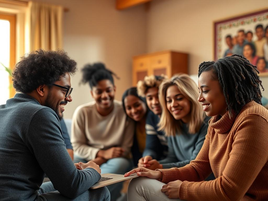 A close-up shot of a diverse group of people engaged in a virtual chapel service, with one person leading from a laptop in a warm, inviting room. The atmosphere should convey inclusivity and spirituality, with soft lighting highlighting their expressions of connection and engagement. The background should be simple and uncluttered, emphasizing the focus on the group and their interaction. Use a color palette compatible with rgb(243, 210, 80). Shot with a 45mm f/1.2 lens style for a hyper-realistic effect.
