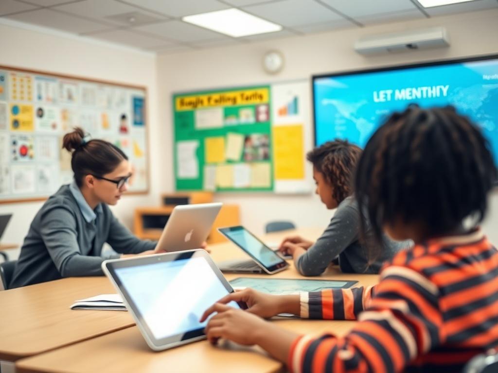 A realistic high-resolution photo focusing on a modern classroom setting. The image features a teacher using a laptop while students engage with digital devices, such as tablets and smartboards. The background shows educational posters and a bright, airy atmosphere, reflecting a tech-savvy learning environment. The composition is simple and clear, capturing the essence of K-12 and higher education IT support.