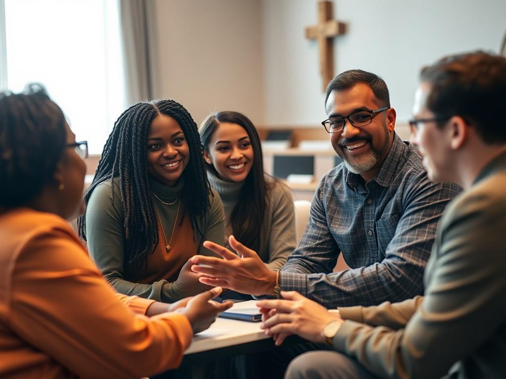 Create a hyper-realistic close-up shot of a diverse group of IT consultants engaged in a discussion with a faith community leader. The composition should prominently feature the consultants, showcasing them in a collaborative and supportive environment. The background should be softly blurred, hinting at a warm and inviting church setting, with soft lighting that conveys a sense of spirituality and community. Use a 45mm f/1.2 lens style for a sharp focus on the subjects, ensuring the primary color rgb(243, 