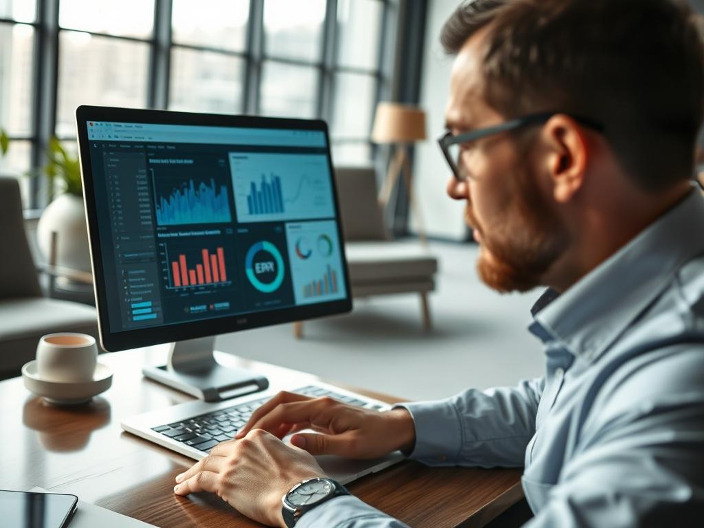 A close-up shot of a business consultant analyzing ERP solutions on a laptop screen, with graphs and charts displayed. The background is a modern office environment, featuring sleek furniture and natural light coming through large windows. The consultant is focused and engaged in the task, conveying a sense of professionalism and expertise.