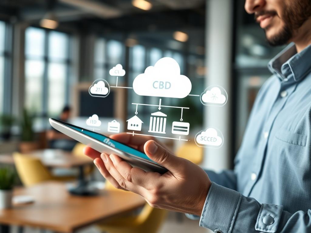 A close-up shot of a cloud computing professional demonstrating cloud migration on a digital tablet, with visual representations of cloud architecture in the background. The environment is a modern office with a collaborative and open design, reflecting a tech-savvy atmosphere.