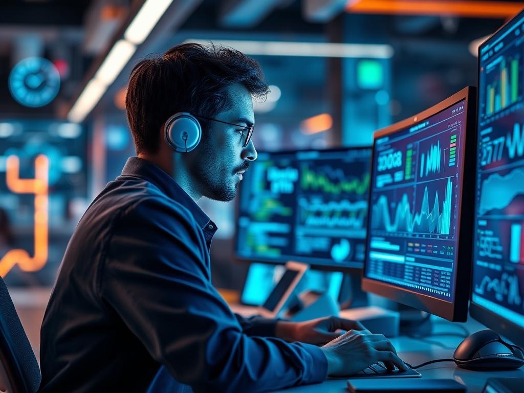 A close-up shot of a data analyst working with AI software on a computer, surrounded by digital interfaces displaying algorithms and data visualization. The setting is a high-tech workspace, with futuristic elements and ambient lighting that highlights the innovative atmosphere.