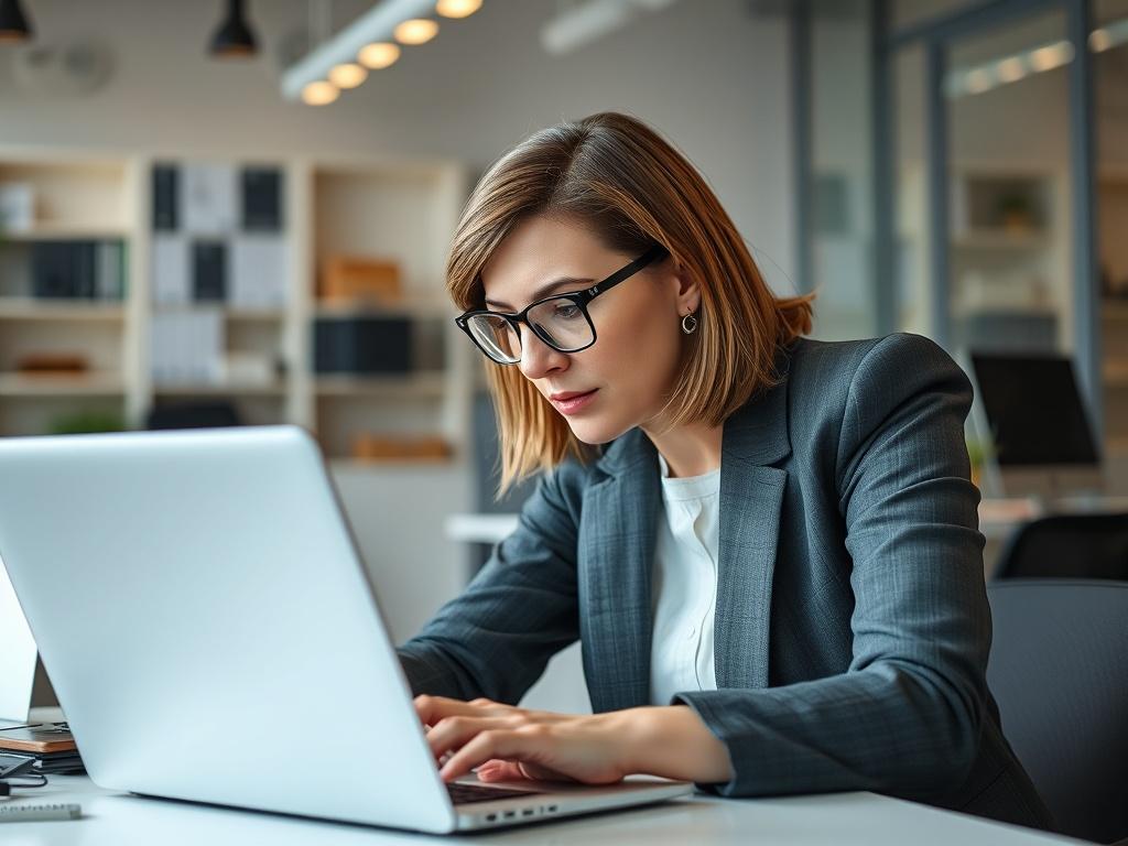 A realistic high-resolution photo of a focused IT professional working on a laptop in a modern office environment. The subject is a middle-aged woman with glasses, wearing a smart casual outfit, deeply engaged in her work. The background features a clean, organized workspace with technology tools and equipment subtly displayed. The primary color scheme should include elements that harmonize with rgb(243, 210, 80), creating a welcoming and professional atmosphere.