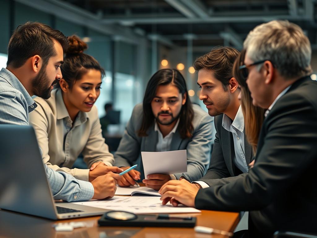 A focused, high-resolution close-up of a project manager discussing a technical project with a team. The scene should show a diverse group of professionals engaged in conversation, with a laptop and project plans on the table. The background should be a modern office setting with soft lighting, emphasizing collaboration and technology. The image should evoke a sense of professionalism and teamwork.