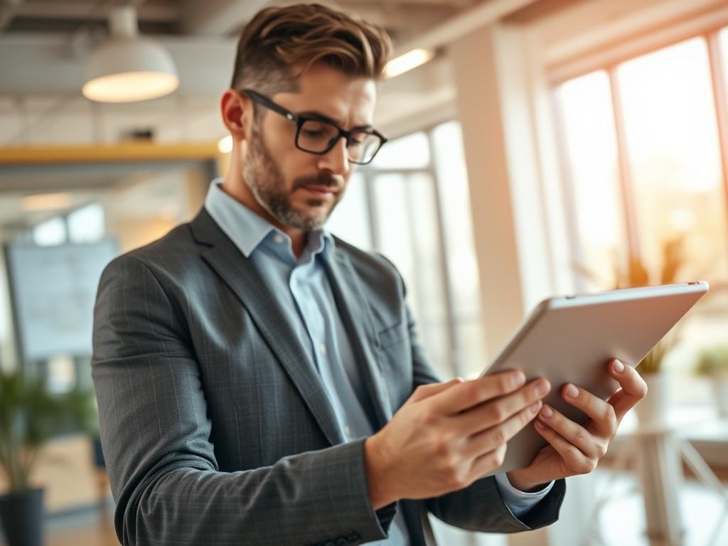 A close-up shot of a business consultant analyzing a flowchart on a digital tablet. The consultant is focused and engaged, with a bright and professional office environment in the background. The color scheme should prominently feature rgb(243, 210, 80), creating a warm and inviting atmosphere. The image should be rendered in high-resolution, captured with a 45mm f/1.2 lens for a hyper-realistic effect.