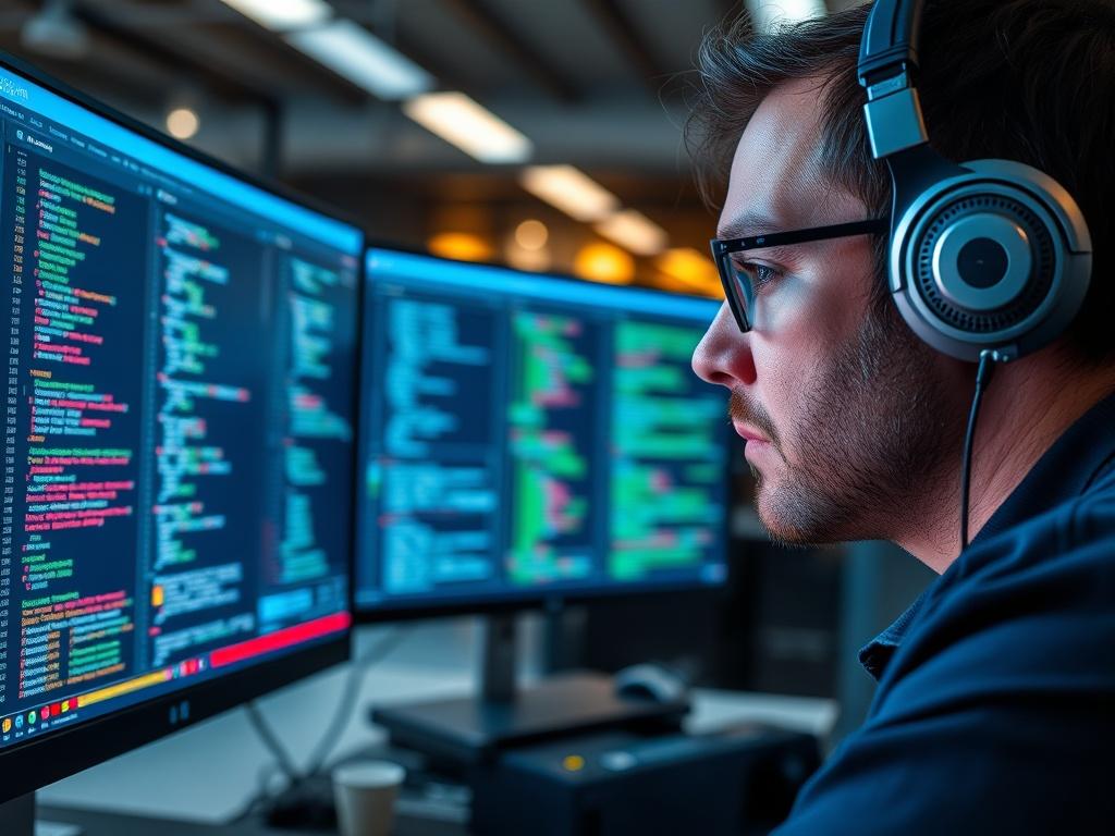A hyper-realistic close-up shot of a DevOps engineer at work, focused on dual computer screens displaying code and system monitoring dashboards. The engineer appears engaged and thoughtful, wearing headphones, with a modern office background. The lighting is bright and professional, emphasizing the technology and tools used in DevOps. The colors are vibrant, primarily featuring the rgb(243, 210, 80) shade, adding a dynamic touch to the image.