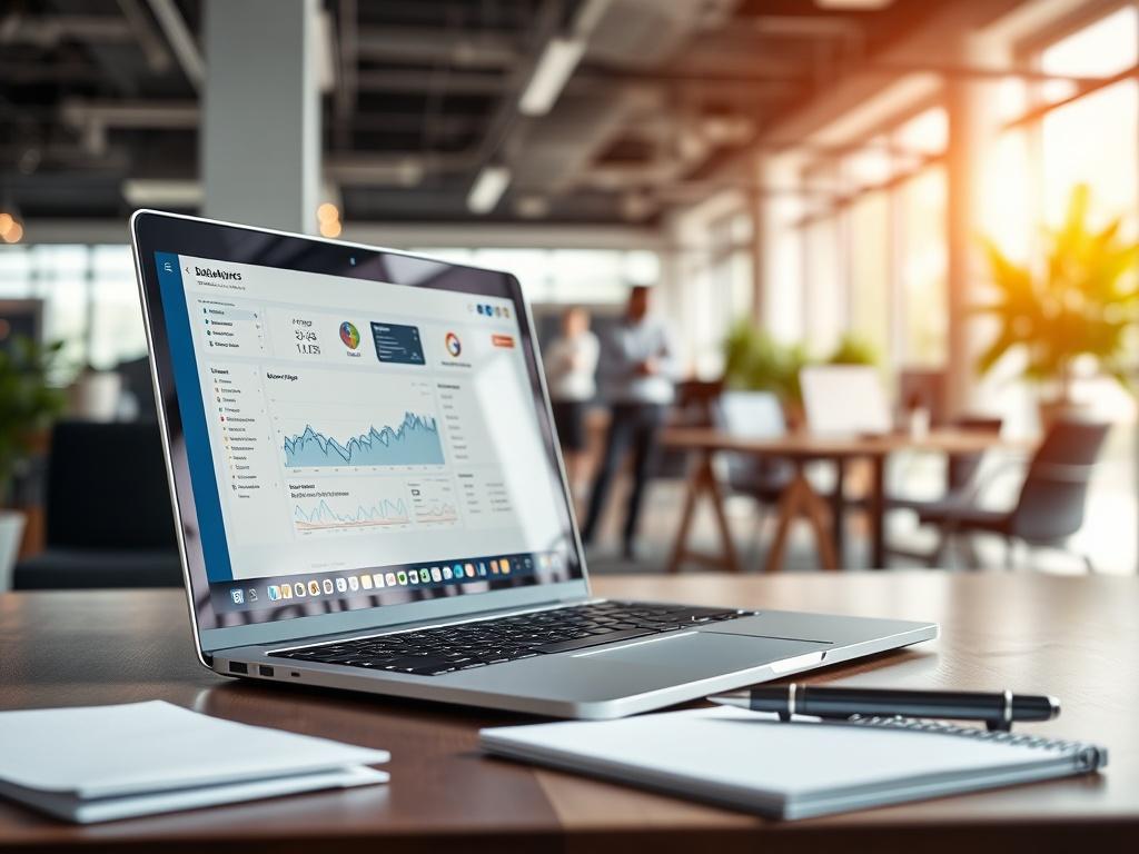 A hyper-realistic close-up shot of a modern office workspace. The focus is on a sleek laptop open to a data analytics dashboard, with a notepad and pen beside it. The background features a blurred view of a busy office environment, with bright lighting and a hint of greenery from indoor plants, creating a professional yet inviting atmosphere.